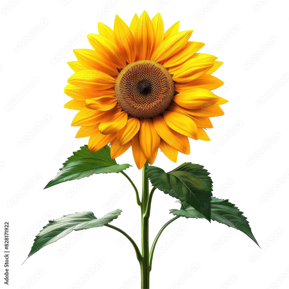 Obraz premium sunflower with yellow petals and green leaves on a isolated background
