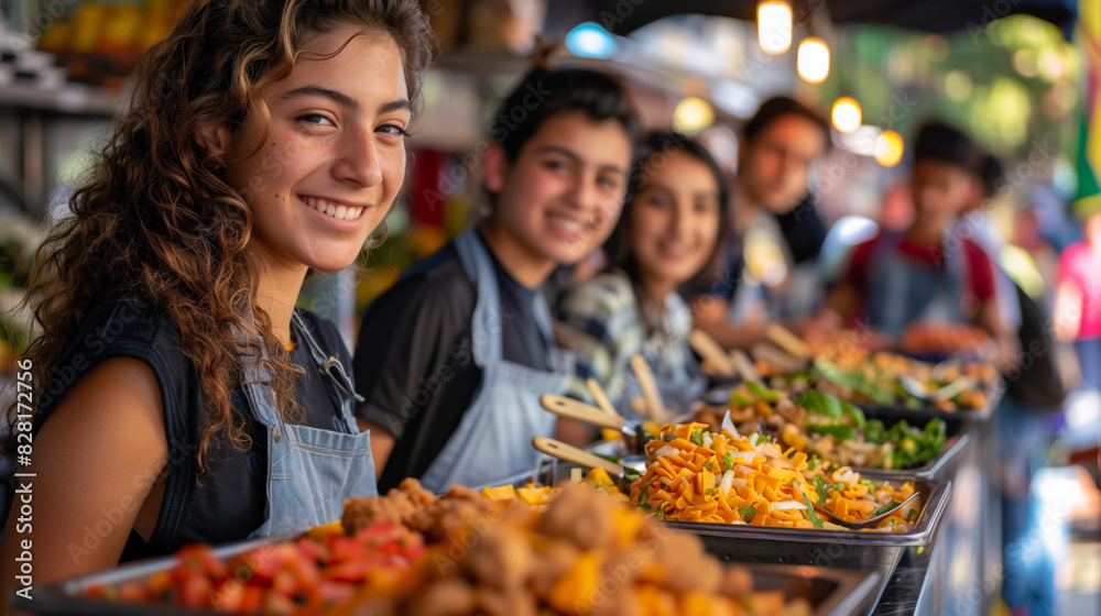 Fototapeta premium Hispanic teenagers smiling and serving food at an outdoor market, showcasing vibrant dishes and friendly atmosphere