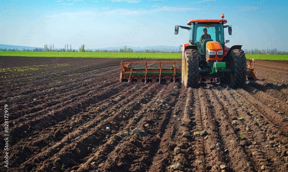 The tractor at work - plowing the field to ready it for crops, a symbol of agricultural progress and the relentless effort of farmers to ensure productive harvests. The tractor at work - plowing the field to ready it for crops, a symbol of agricultural progress and the relentless effort of farmers to ensure productive harvests.