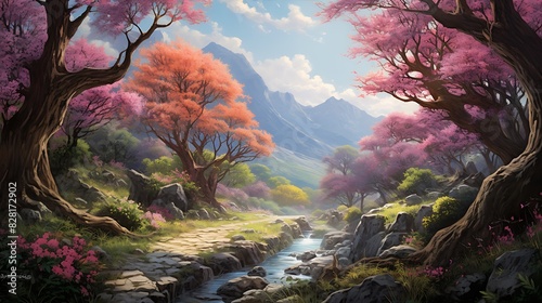 A fantasy landscape where trees bear flowers instead of leaves.