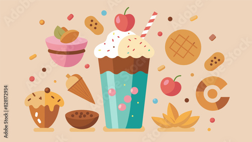 A variety of nuts sprinkles and candies carefully p alongside the toppings adding a satisfying crunch to the sundaes.. Vector illustration