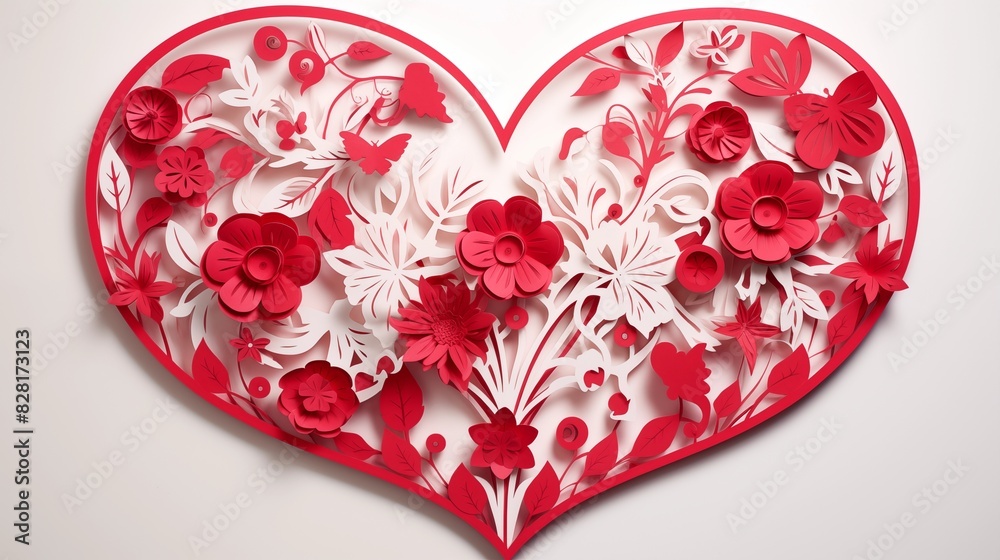 Intricate Heart Shaped Floral Design with Red and White Paper Art Intricate Heart Shaped Floral Design with Red and White Paper Art