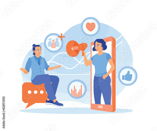 Women place advertisements on social media. Refer friends to do business together. Referral Program concept. Flat vector illustration.