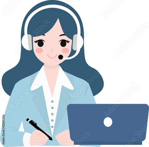 woman call center attendant, helps support stores and websites, illustration