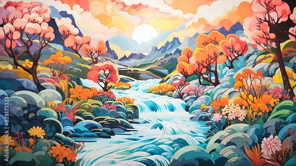 A mural depicting a river made of flowing floral patterns.