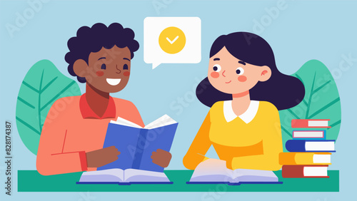 Two friends discussing different language techniques while studying together for their Spanish class.. Vector illustration