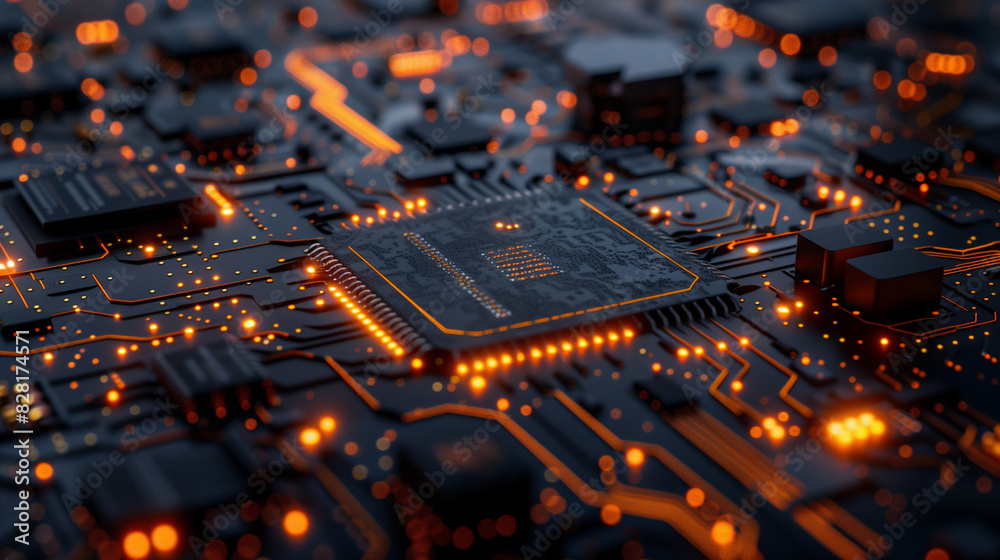 A computer chip is lit up with orange lights. The chip is surrounded by other computer chips and wires A computer chip is lit up with orange lights. The chip is surrounded by other computer chips and wires