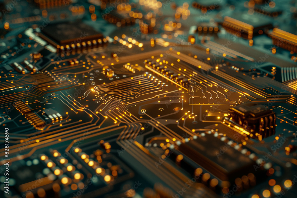 A close up of a circuit board with many small components. Concept of complexity and intricacy, as the various parts are densely packed together. Scene is one of fascination A close up of a circuit board with many small components. Concept of complexity and intricacy, as the various parts are densely packed together. Scene is one of fascination