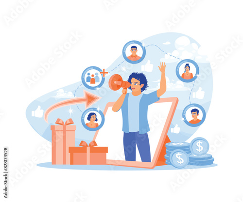 Men share information about referrals and making money. Share business with friends. Referral Program concept. Flat vector illustration.