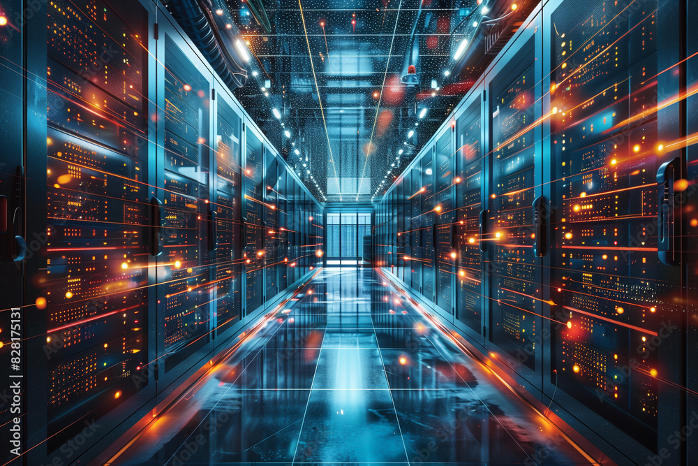 A computer server room with many servers and a large window. The room is lit up with bright lights and the servers are glowing. Scene is one of technology and innovation A computer server room with many servers and a large window. The room is lit up with bright lights and the servers are glowing. Scene is one of technology and innovation