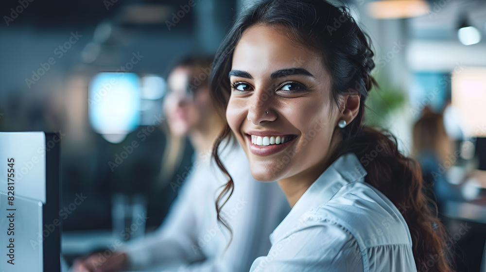 custom made wallpaper toronto digitalA woman with a smile on her face is sitting in front of a computer. She is wearing a white shirt and has her hair in a ponytail