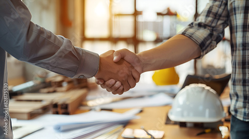 Two men shake hands in a business meeting. One of them is wearing a hard hat. The meeting is taking place in a room with a desk and a few papers on it