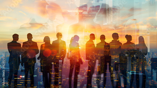 A group of people are silhouetted against a sunset, with the sun in the background. Concept of unity and teamwork, as the people are all standing together in a group. The sunset adds a warm