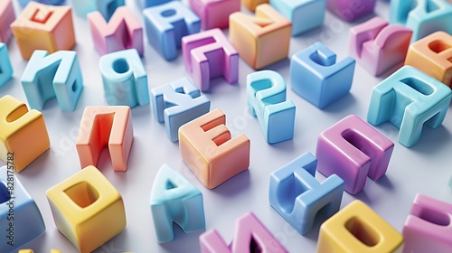 An assortment of colorful 3D alphabet blocks with letters facing different directions on a white background