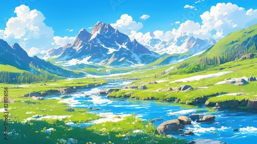 An isolated mountain river runs swiftly its water sparkling clean and fresh meandering through the picturesque mountain landscape