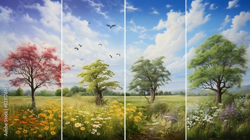 A series of panels showing a meadow across the four seasons. photo