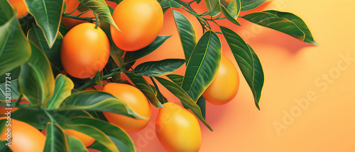 Cluster of Kumquats Ripening on the Branch with Lush Green Leaves Against a Soft Peachy Background