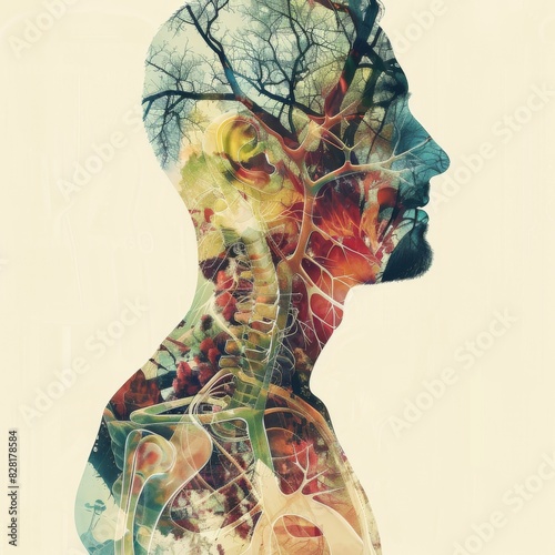 Anatomical structures close up, vibrant shades, Double exposure silhouette with intricate body parts