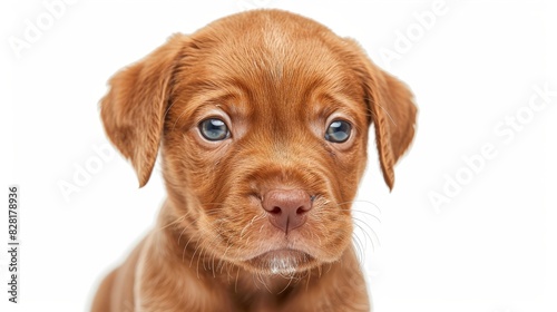 Funny head shot of cute red Cobber dog puppy, standing facing front. Looking curious towards camera. Isolated on white background. Tongue out.