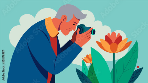 An older gentleman intently focusing his camera lens on a vibrant flower completely engrossed in capturing every detail and hue.. Vector illustration
