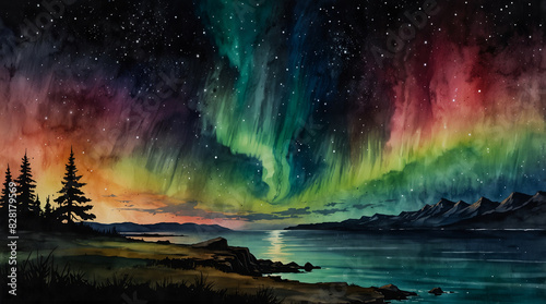 AI generated image of Perfect Southern Aurora light above beautiful lake in the night sky in best quality image, pop surrealism art, masterpiece, illustration, water color, ink