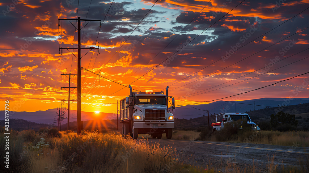 A truck is driving down a road at sunset. The sky is orange and the sun is setting A truck is driving down a road at sunset. The sky is orange and the sun is setting