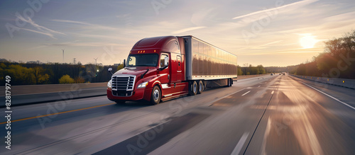 A large red semi truck is driving down a highway. The sun is setting in the background, casting a warm glow over the scene. The truck is the main focus of the image