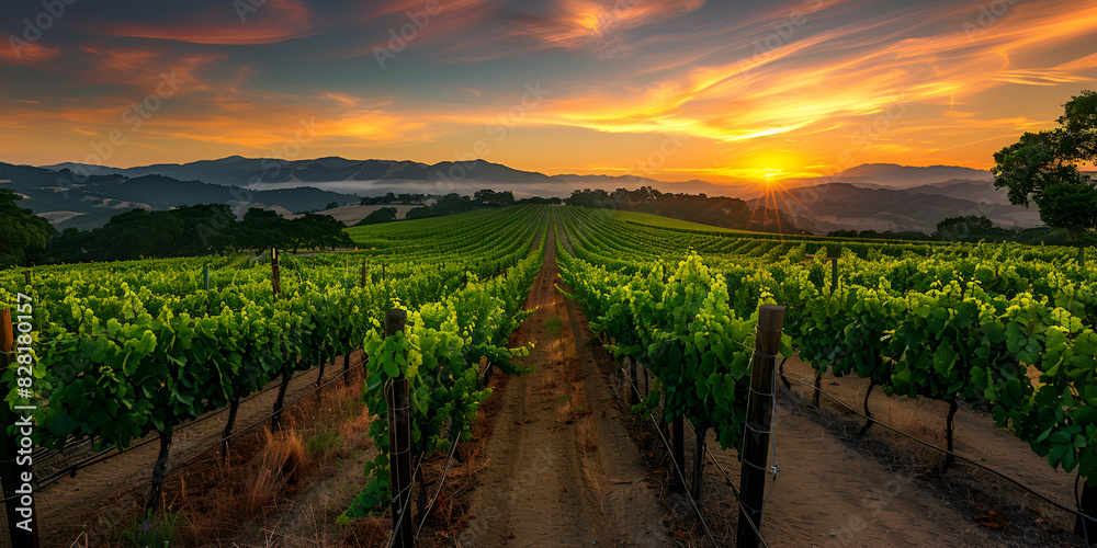 Naklejka premium Vineyard at sunset | Scenic wine country landscape