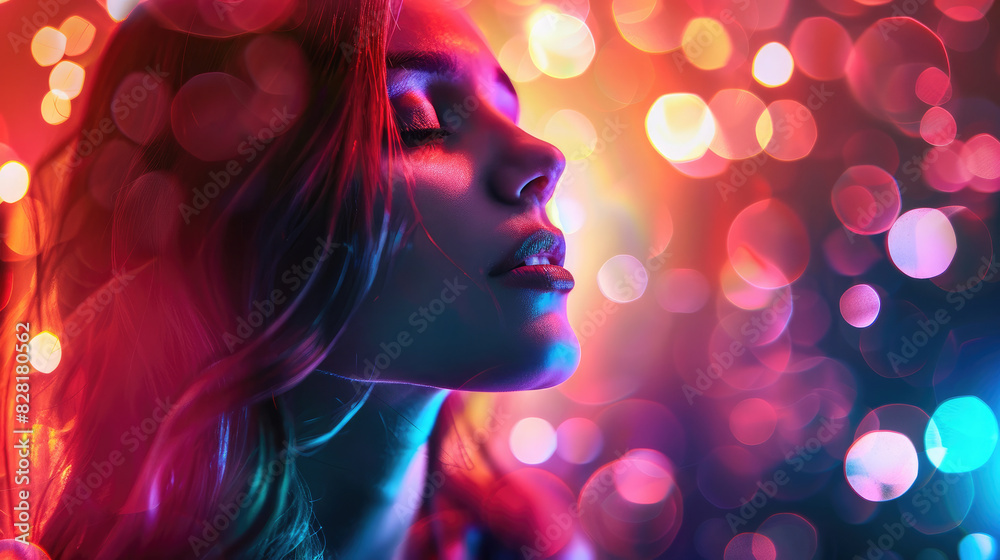 Beautiful young party dance woman face with various colors and lights with deep house disco music night blend gradient violet pink purple background Beautiful young party dance woman face with various colors and lights with deep house disco music night blend gradient violet pink purple background