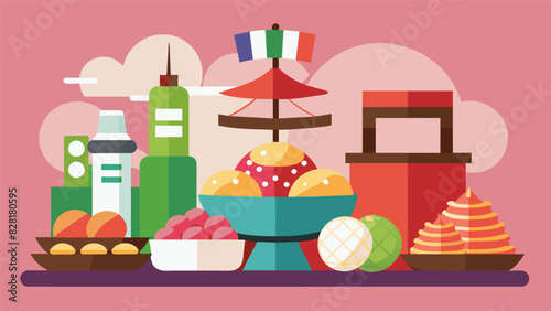 An international candy buffet featuring treats from around the world like Japanese mochi French macarons and Italian biscotti.. Vector illustration