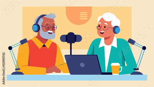 Join the two expert senior hosts as they delve into the latest technology trends and how they can make life easier for older generations on their radio show.. Vector illustration