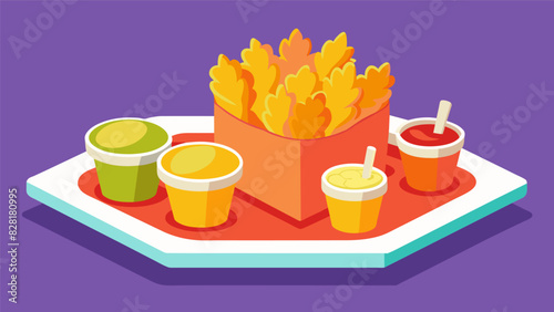A tray of crispy chicken tenders served with a variety of dipping sauces and a side of golden fries for a nostalgic and satisfying meal.. Vector illustration