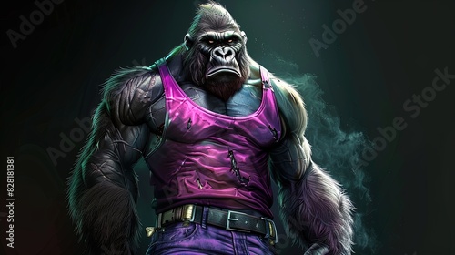Anthropomorphic muscular gorilla wearing a red tank top in a dark environment. Digital art concept. Strength and power concept for design and print.