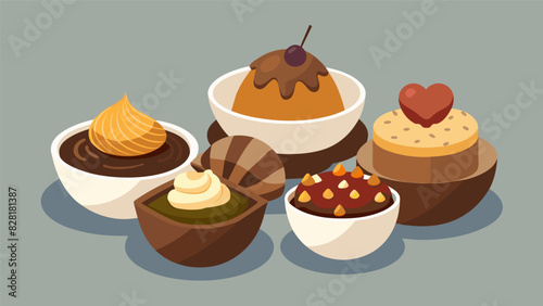 A variety of rich and decadent options including dark chocolate sea salt and caramel toffee served in delicate porcelain bowls.. Vector illustration