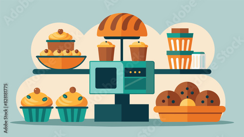 A rotating menu of freshly baked pastries muffins and scones at the office snack station courtesy of the companys talented bakers.. Vector illustration