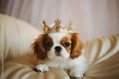 Сute fluffy puppy wearing golden crown, lying in bed on silk sheets. Cavalier king charles spaniel puppy. Royal pleasure.