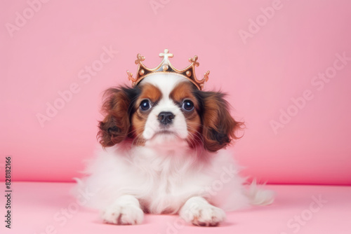 Cavalier king charles spaniel wearing gold crown like queen, laying in center of pink solid background. Royal dog breed. Fashion beauty for pets.