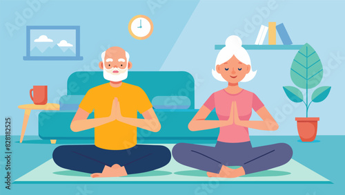 An older couple practices yoga together in their living room using gentle movements and relaxation techniques to manage the pain from their agerelated ailments and find. Vector illustration