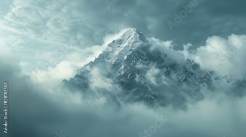 Foreground featuring dense clouds with the mountain peak in the backdrop