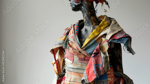 Mannequin with artistic clothing made from recycled materials, showcasing creativity and sustainable fashion in an innovative design approach photo