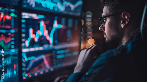 Finance trade manager analyzing stock market indicators for best investment strategy, financial data and charts, digital ai