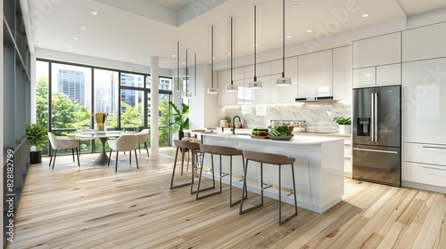 sleek modern kitchen with open floor plan integrated appliances and chic bar stools contemporary interior design 3d rendering