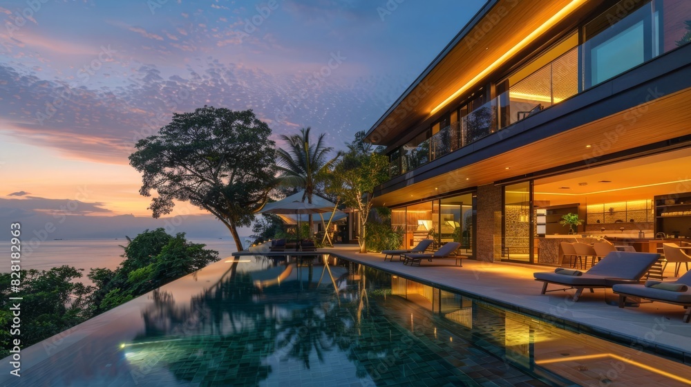 sleek modern villa bathed in golden sunrise light luxurious architecture and tranquil ambiance