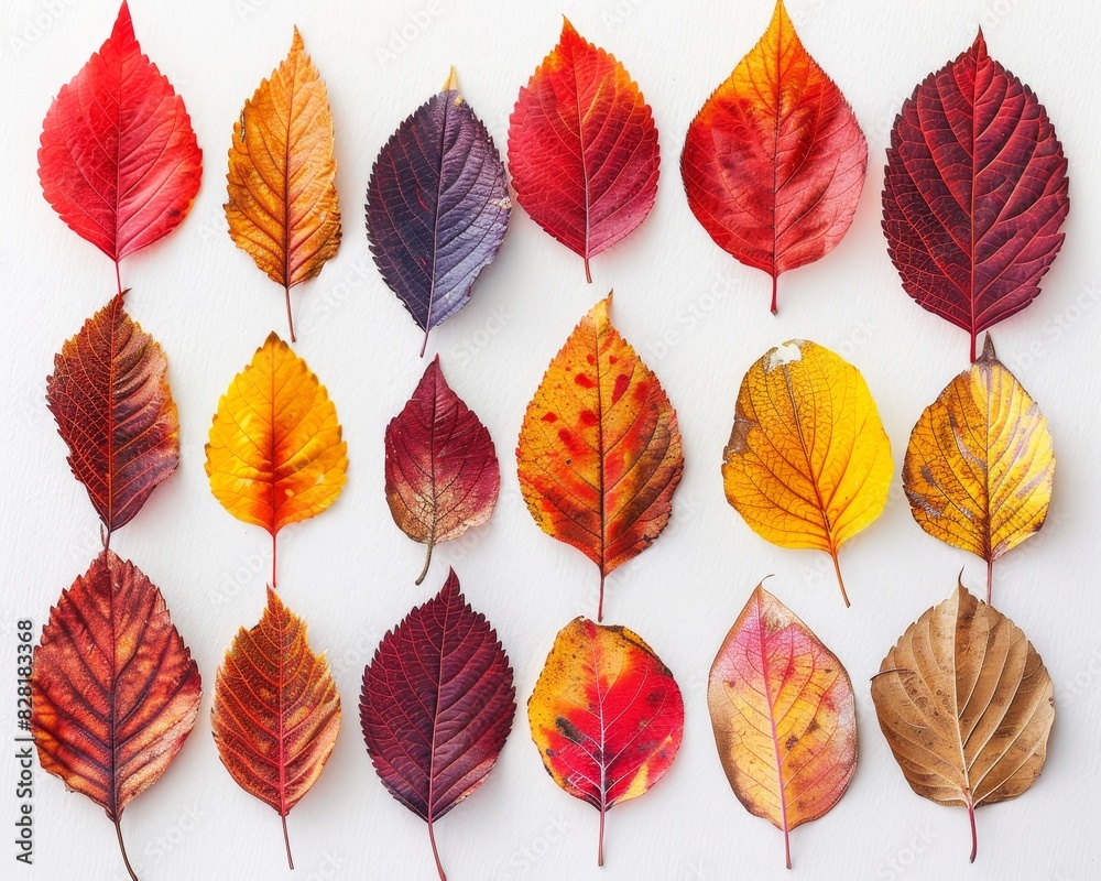 A collection of autumn leaves are arranged in a row on a white background A collection of autumn leaves are arranged in a row on a white background