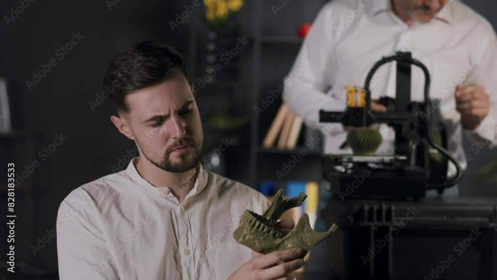 A young guy research assistant holds in hands and views khaki coloured plastic model of human mandible. A middle aged man mechanical engineer uses digital calipers and customize the work of 3d printer