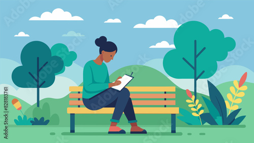 A person pauses in the park to sit on a bench and journal taking in the soothing sights and sounds of nature to help clear their mind.. Vector illustration