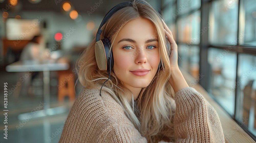 Lovely blond woman sitting on the railing in a stylish loft apartment while listening to headphones Lovely blond woman sitting on the railing in a stylish loft apartment while listening to headphones