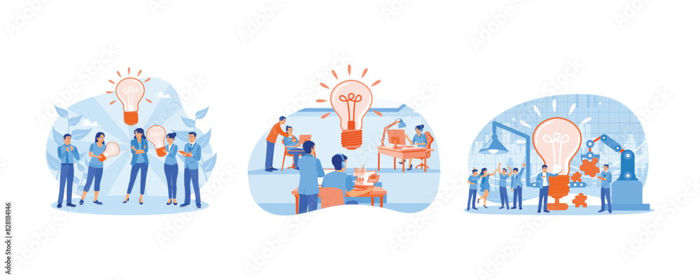 Business team holding meeting. Discussing together during meeting. Find new idea solutions. Brainstorming concepts. Set flat vector illustration.