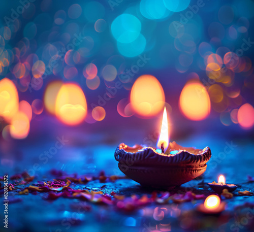 illustation of Happy Diwali, festival of lights tradition Diya oil lamps. Indian biggest festival  © Design Wave Ai