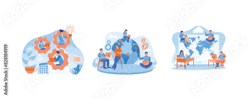 Business Outsourcing. Company development and business strategy. Companies recruit workers from other companies. Outsourcing concept. Set flat vector illustration.